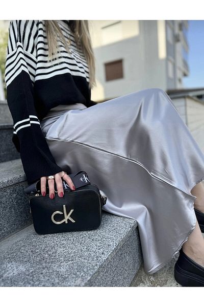 Butik Beyza Long Gray Satin Hijab Skirt