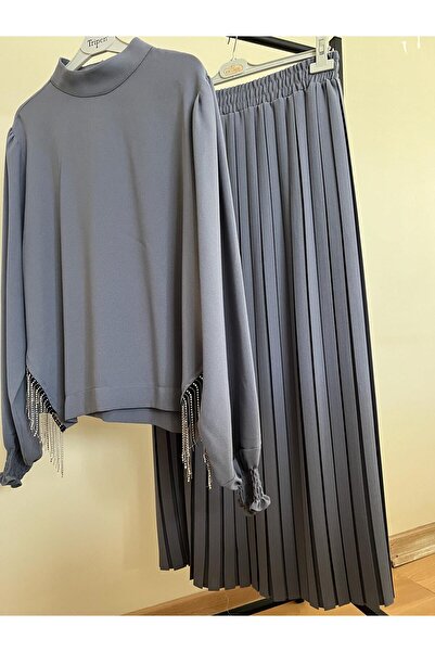TRİPEN Takım Krep Double Kumaş Etekleri Piliseli Bluz