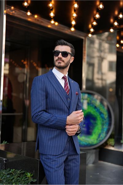 LONATOLİA Men's Striped Suit Italian Style Slim Fit Jacket Vest Pants