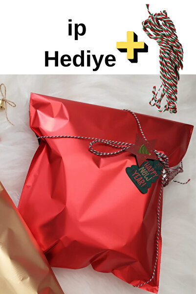Dekals Ipli Set 30x44 Lüx Kırmızı Yapışkanlı Metalize Hediye Poşeti Metalik Kırmızı Hediye Ambalaj 10 Adet