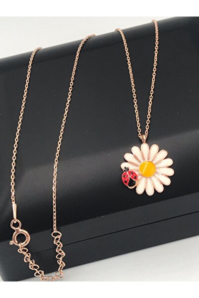 OJO TAKI Mineli Uğur Böcekli 925 Ayar Gümüş Papatya Kolye Ojo00233 Rose Renk 2.3