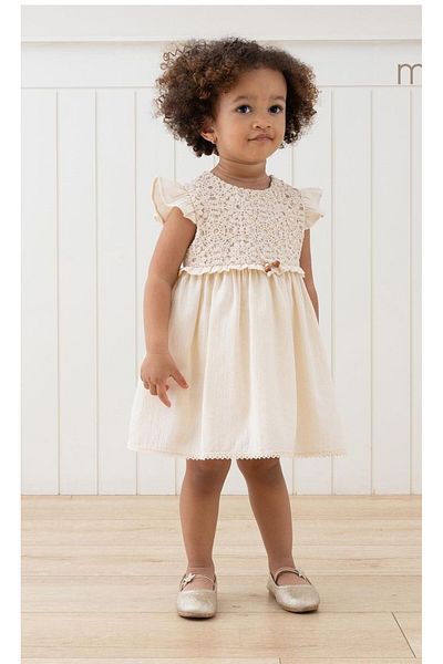 DIDuStore Cute Beige Girl's Dress with Lace Top Detail and Short Sleeves