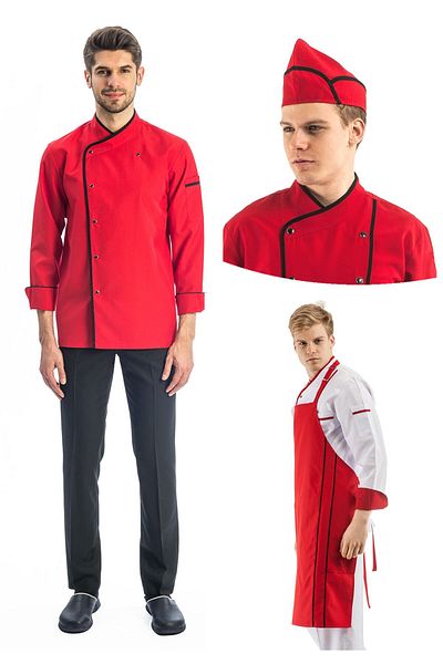 TIPTEKS Men's Long Sleeve Classic Red Chef Jacket and Pants, Apron and Cap - Set of Four with Black Piping