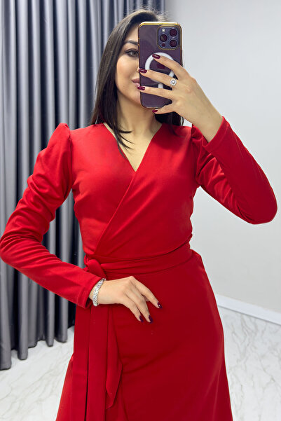 zks grup tekstil Women's Crepe Flounced Double Breasted Midi Size Large Size Dress Black, Green, Red, Flower Pot, Purple, Water Green