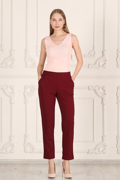Seamoda Large Size Women's Daily Elastic Waist Pocketed Crepe Skuba Carrot Cut Women's Elegant Pantalon-burgundy