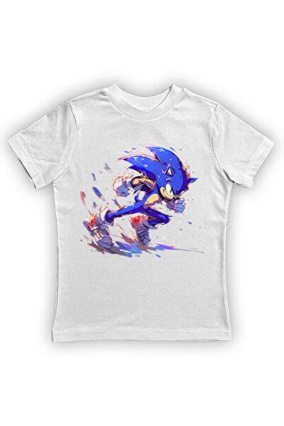 Sonic baskılı pamuklu penye kumaş yazlık çocuk tişört
