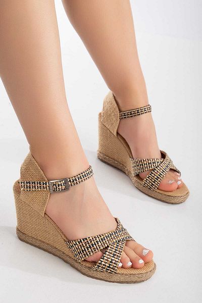 Kartezyen Crossed Colored Black Ital Straw Wedge Heeled Shoes