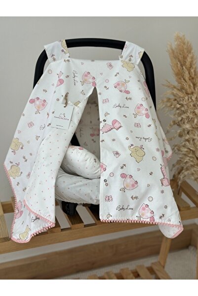 MAMARADUGA Çift Taraflı Puset Örtüsü+puset Minderi+puset Çarşafı 3'lü Set Pembe Baby Love Bird