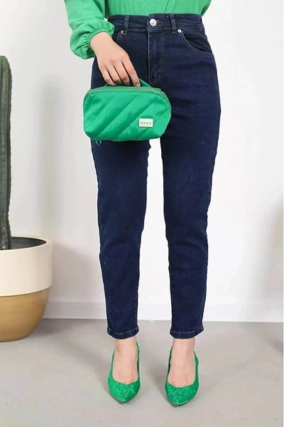 JILLY Tia Ramrod Deep Blue Trend Mom Jeans Pantaloni boyfriend cu talie înaltă