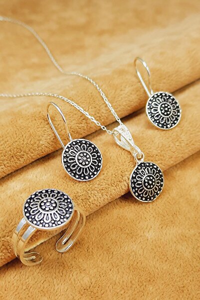 Güzel Gümüşçülük 925 Ayar Gümüş Forse Zincirli Mardin Midyat Hasırı Mine Işlemeli Kadın 3'lü Set