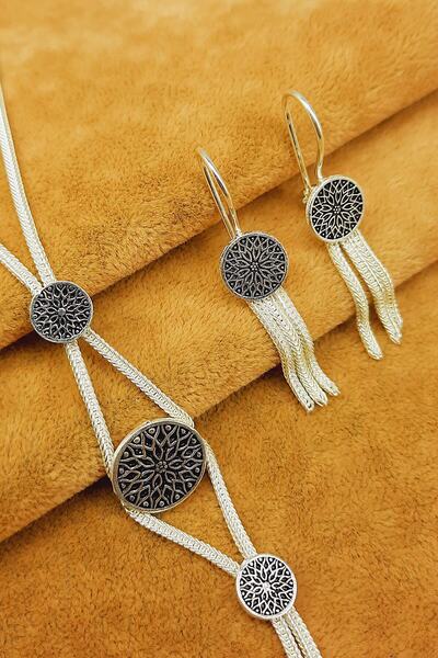 Güzel Gümüşçülük 925 Ayar Gümüş Mardin Midyat Hasırı El Işi Asur Model Kadın 3'lü Set & Takım