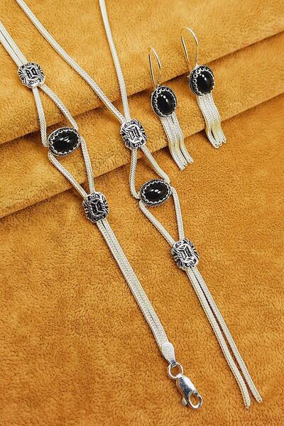 Güzel Gümüşçülük 925 Ayar Gümüş Mardin Midyat Hasırı El Işi Oniks Taşlı Kadın 3'lü Set&takım