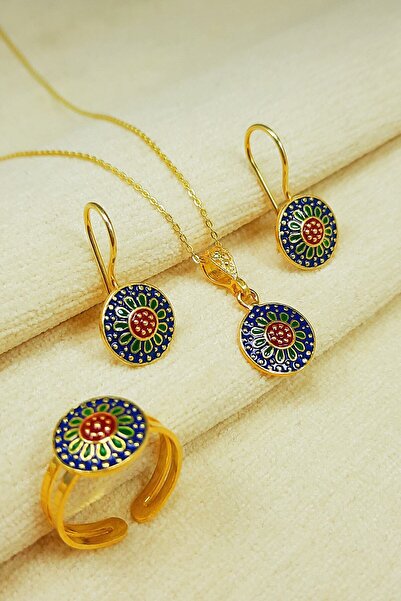 Güzel Gümüşçülük 925 Ayar Gümüş Altın(gold) Forse Zincirli Mardin Midyat Hasırı Mine Işlemeli Kadın 3'lü Set