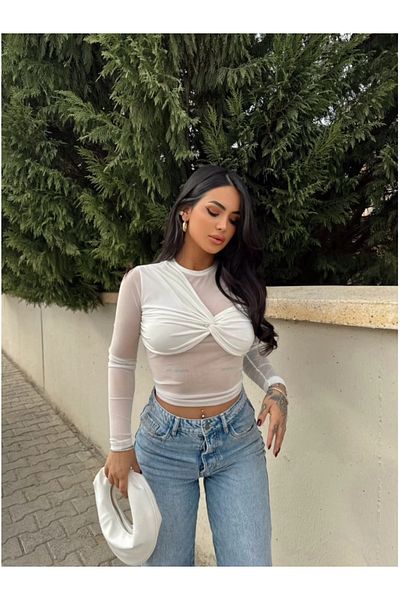 My Blog Γυναικεία Crop Top Μπλούζα με λεπτομέρεια σε λευκό κόμπο