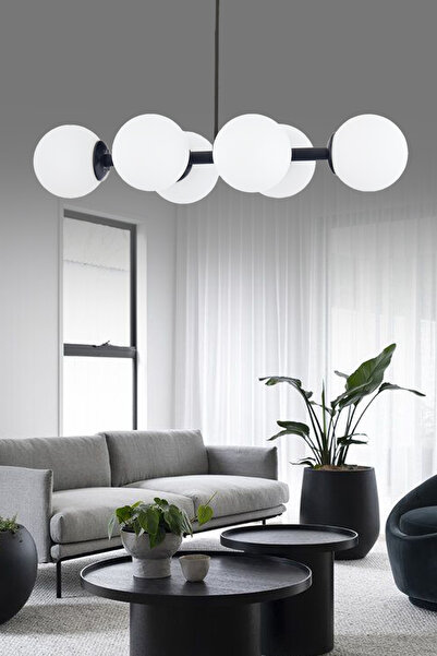 ŞL Şef Light Luxury Modern Tasarım Siyah 6'li Beyaz Glop Camlı Avize