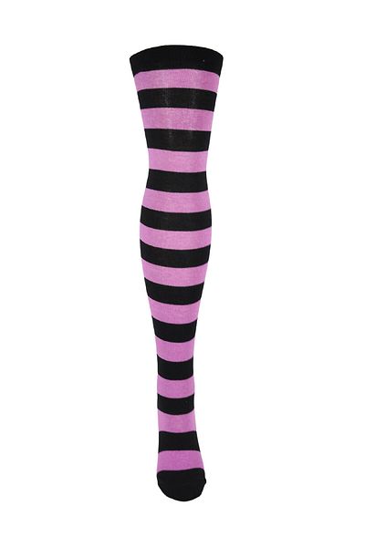 Design Socks Дамски черно-лилави раирани памучни чорапи над коляното - Дизайнерски чорапи