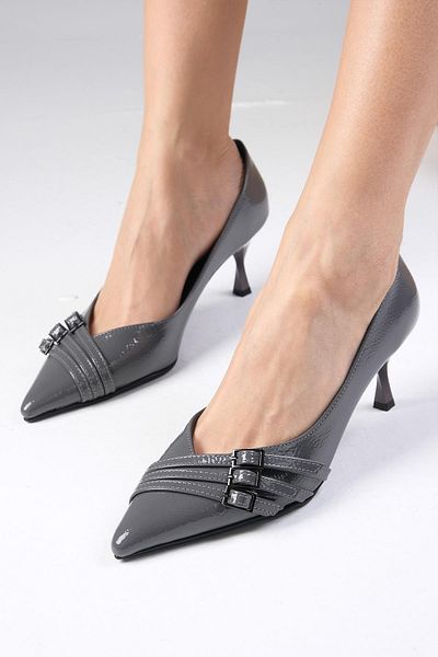 Mio Gusto Shirley Gray Color Patent Leather Pointed Toe Heeled Shoes with Buckle Accessories