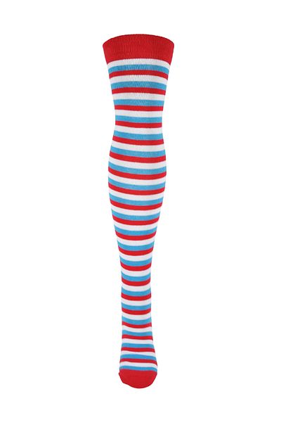 Design Socks Дамски памучни чорапи над коляното в червено-синьо на райета -