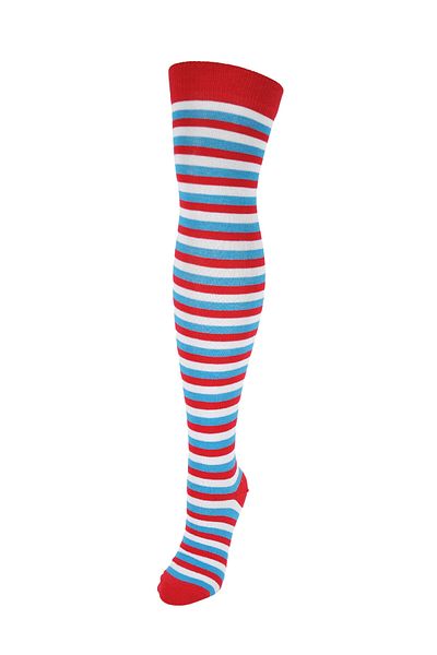 Design Socks Дамски памучни чорапи над коляното в червено-синьо на райета -