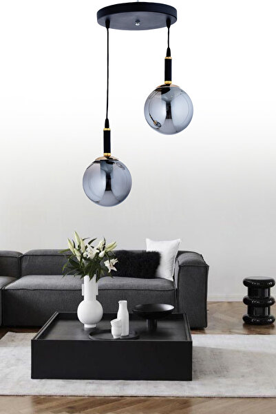 ŞL Şef Light Sarkıt Parla Siyah Tepsi 2'Li Füme Camlı Avize