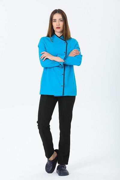 TIPTEKS Women's Long Sleeve Single Classic Turquoise Chef Jacket - Black Piping