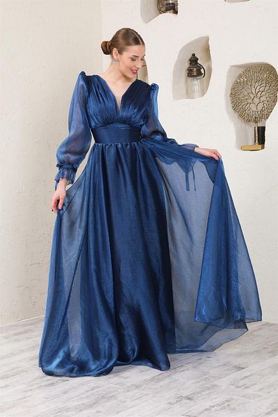 sarebutik Women's Indigo Balloon Sleeve V-Neck Long Evening Dress