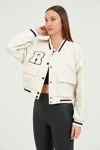 Black Level Jachetă bomber pentru femei, complet din piele, cu închidere cu capse, haine din piele, imprimeu, broderie, haine oversize pentru colegiu, alb