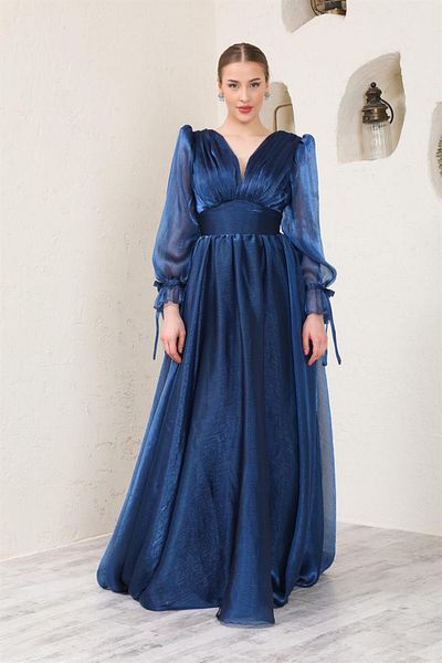 sarebutik Women's Indigo Balloon Sleeve V-Neck Long Evening Dress