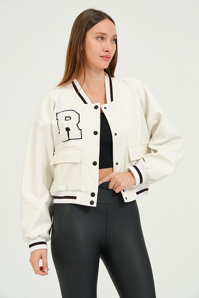 Black Level Jachetă bomber pentru femei, complet din piele, cu închidere cu capse, haine din piele, imprimeu, broderie, haine oversize pentru colegiu, alb