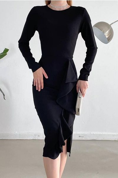 bayansepeti Black Flexible Crepe Fabric Long Sleeve Black Dress with Flywheel and Slit Detail581841