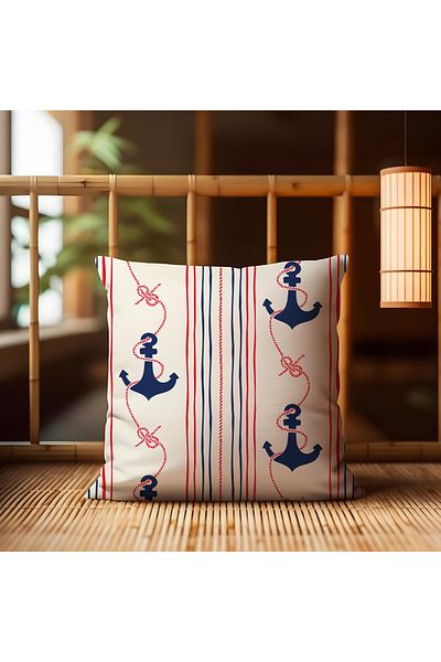 Karma Home Boat/Marine Group White Red Blue Striped Anchor Patterned Double Sided Digital Printed Throw Pillow Cover