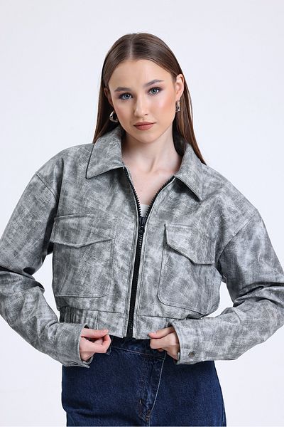 Black Level Women's Leather Oversize Lined Sleeve Snap Button Leather Coat Zipper Closure College Coat Gray