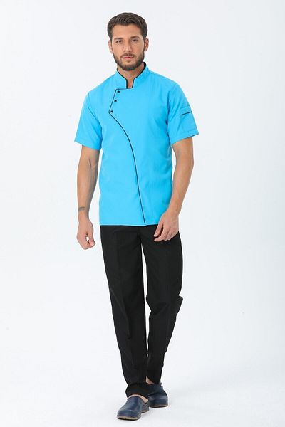 TIPTEKS Men's Comfort Turquoise Short Sleeve Single Chef Jacket with Black Piping