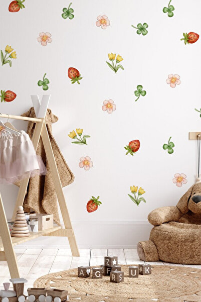 sanatıbedi ملصق حائط على شكل فراولة وزهور بألوان مائية