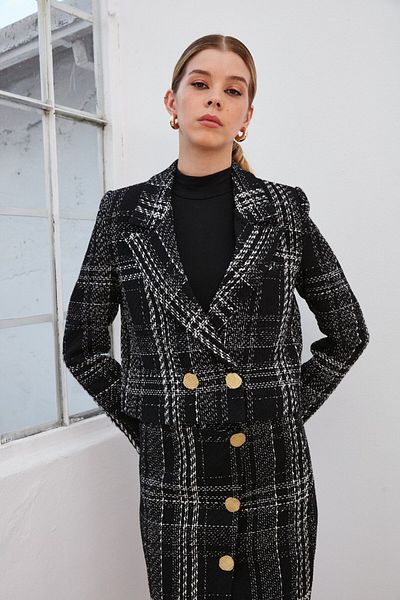 dükkan10butika Jachetă cu dungi scurte din țesătură tweed pentru femei, negru, alb