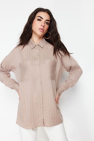 Trendyol Modest Bézs csillogó csíkos szőtt ing TCTSS24TG00049