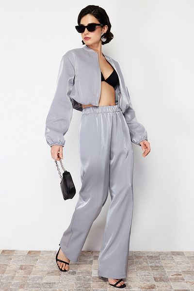 Trendyol Collection Anthracite Satin - Wide Leg and Elastic Dress Trousers TWOSS24PL00086