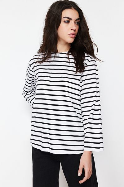 Trendyol Modest Ecru Regular Single Jersey Cotton Lycra Striped Knitted Tunic TCTSS24UK00029
