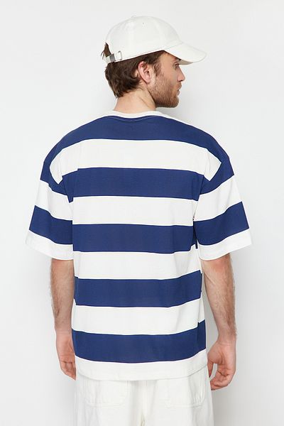 Trendyol Collection Oversize pruhované bavlněné tričko s výšivkou v námořnické modré - TMNSS24TS00099
