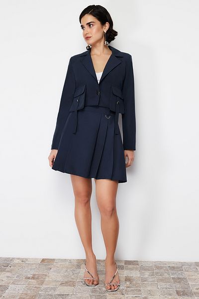 Trendyol Collection Navy Blue Pocket Detailed Crop Woven Blazer Jacket TWOSS24BC00035