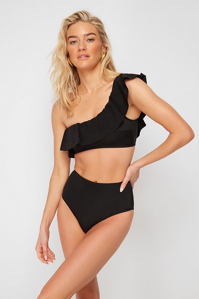 Trendyol Collection Schwarzes One-Shoulder-Rüschen-Bikinioberteil TBESS21BU0039