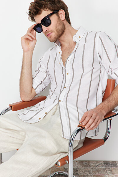 Trendyol Collection Khaki Striped Slim Fit Shirt - Button Collar, Epaulette - TMNSS21GO1095
