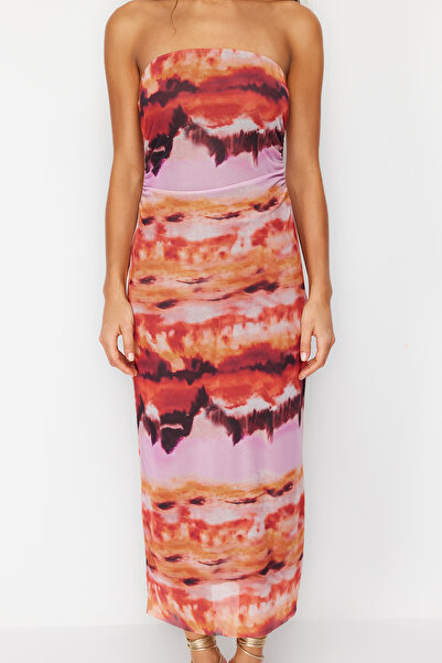 Trendyol Collection Rugalmas maxi hosszúságú ceruzaruha - többszínű és húzózsinóros mintás TWOSS24EL00081