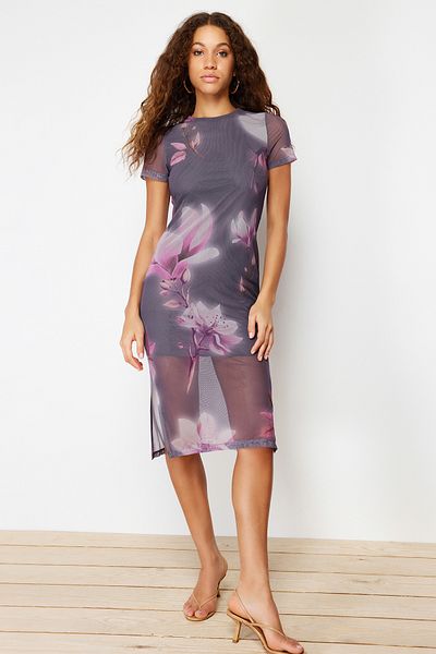 Trendyol Collection Gray Floral Printed Midi Crew Neck Short Sleeve Stretchy Knitted Midi Pencil Dress TWOSS23EL01791
