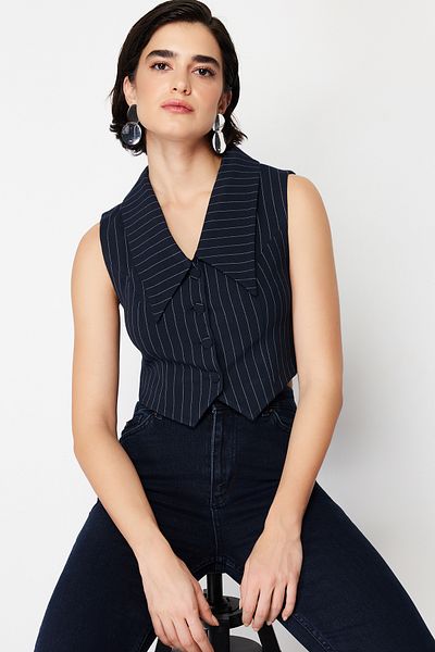 Trendyol Collection Poliviskon Navy Blue Striped Vest - Regular Fit TWOSS24YE00020