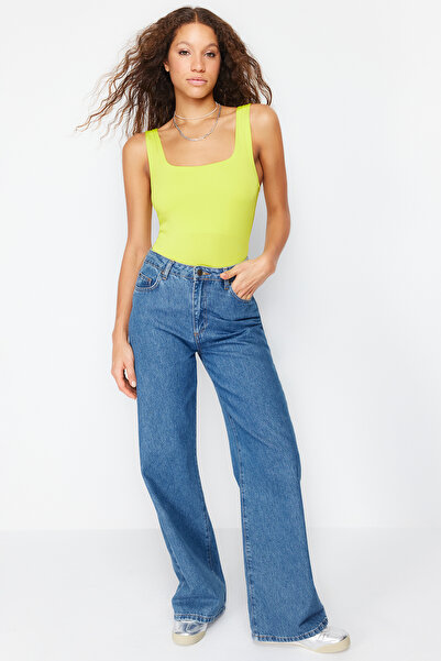 Trendyol Collection Lime Fitted/Body-Sitting Back Detailed Square Collar Flexible Knitted Body with Snap Fasteners TWOSS24BD00026