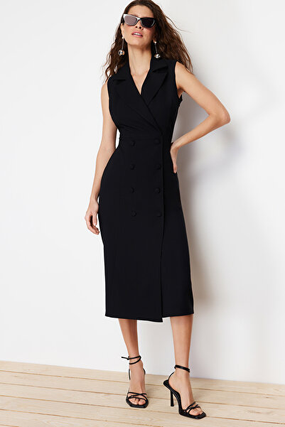 Trendyol Collection Double Breasted Collar Black Midi Dress with Pencil Skirt - Button Detail, Sleeveless - TWOSS24EL00616