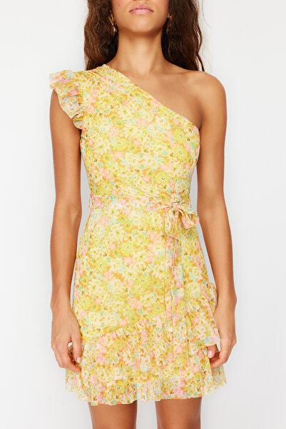 Trendyol Collection Různobarevné vzorované s jedním rukávem Detailní volán s podšívkou Flexibilní pletené minišaty TWOSS24EL00205