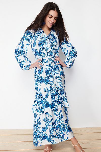 Trendyol Modest Ecru Floral Collar Ruffle Detailed Woven Dress TCTSS24EB00079