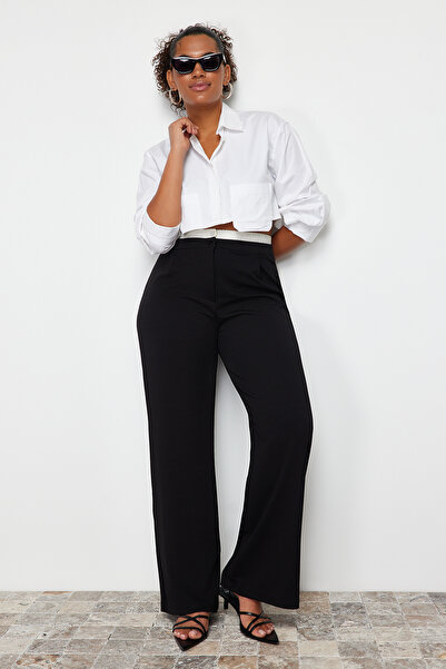 Trendyol Curve Μαύρο παντελόνι με λεπτομέρεια από ποπλίνα με ψηλόμεσο φαρδύ πόδι/πλεκτό φαρδύ πόδι μεγάλου μεγέθους TBBSS24AR00000